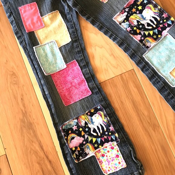 Child’s Upcycled Patch Jeans, Size 6X: Elastic Waist, Handmade Unicorn Patchwork - Picture 13 of 15